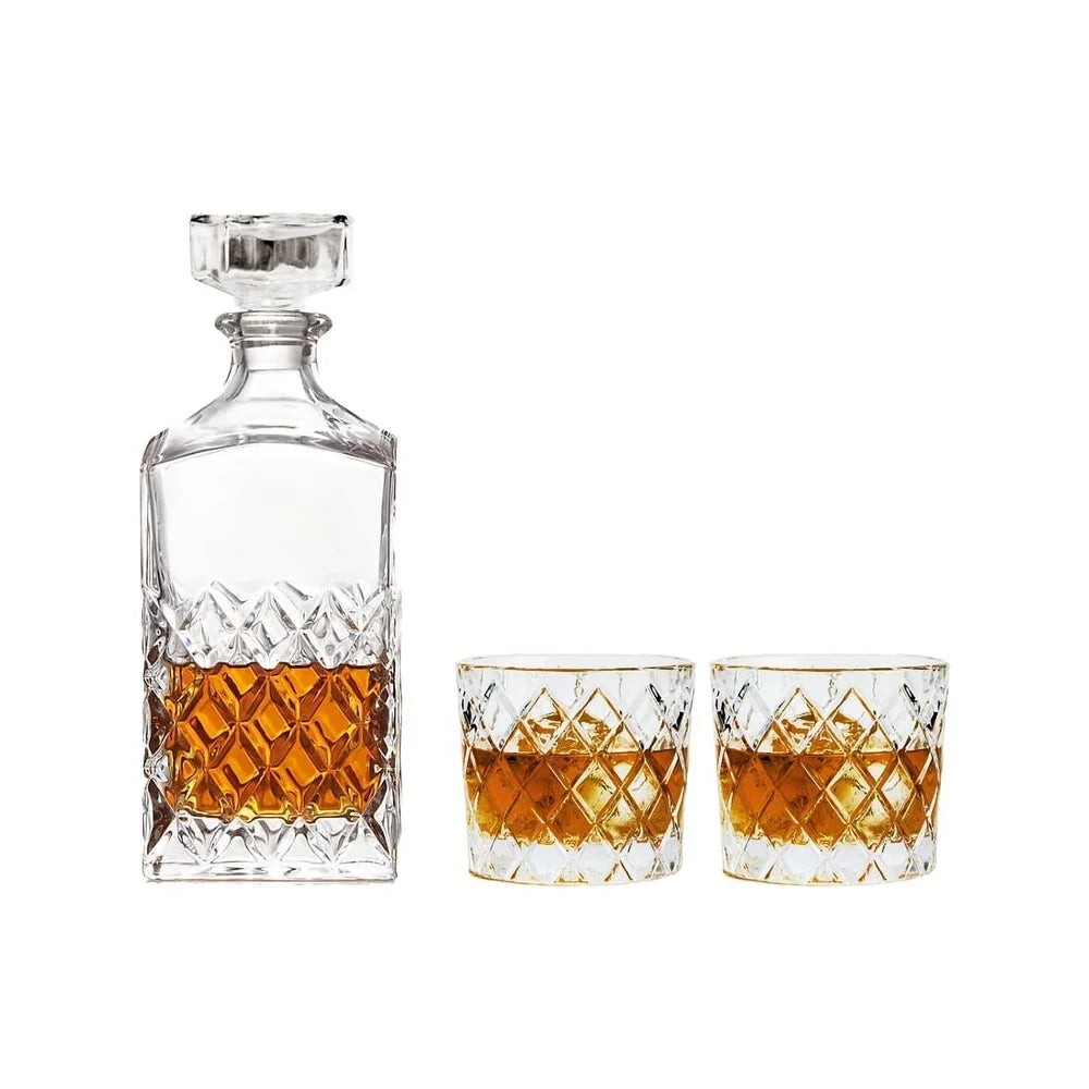 Diamond Cut Clear Glass Decanter Set With Old Fashioned Glasses 3 Pack Durable Dishwasher Safe