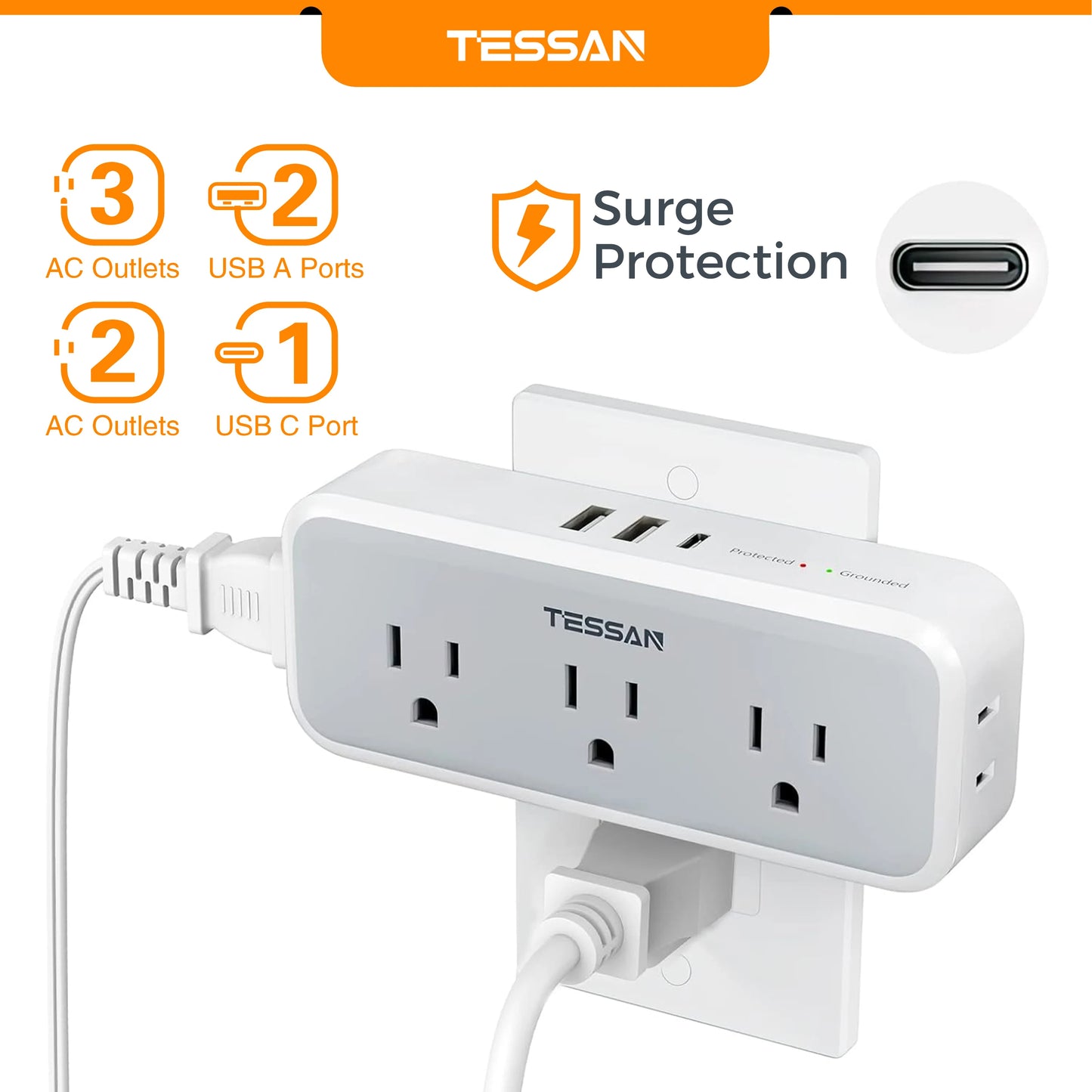 TESSAN 8-in-1 Ultra-Compact Power-Saving Wall Outlet Surge-Protector 5-Outlets USB