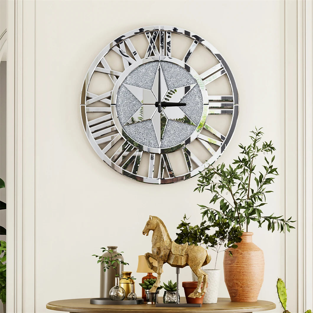 Large Mirrored Wall Clock 60CM Round Stunning Beveled Roman Numeral Skeleton Clock Family Living Room Fireplace Decor