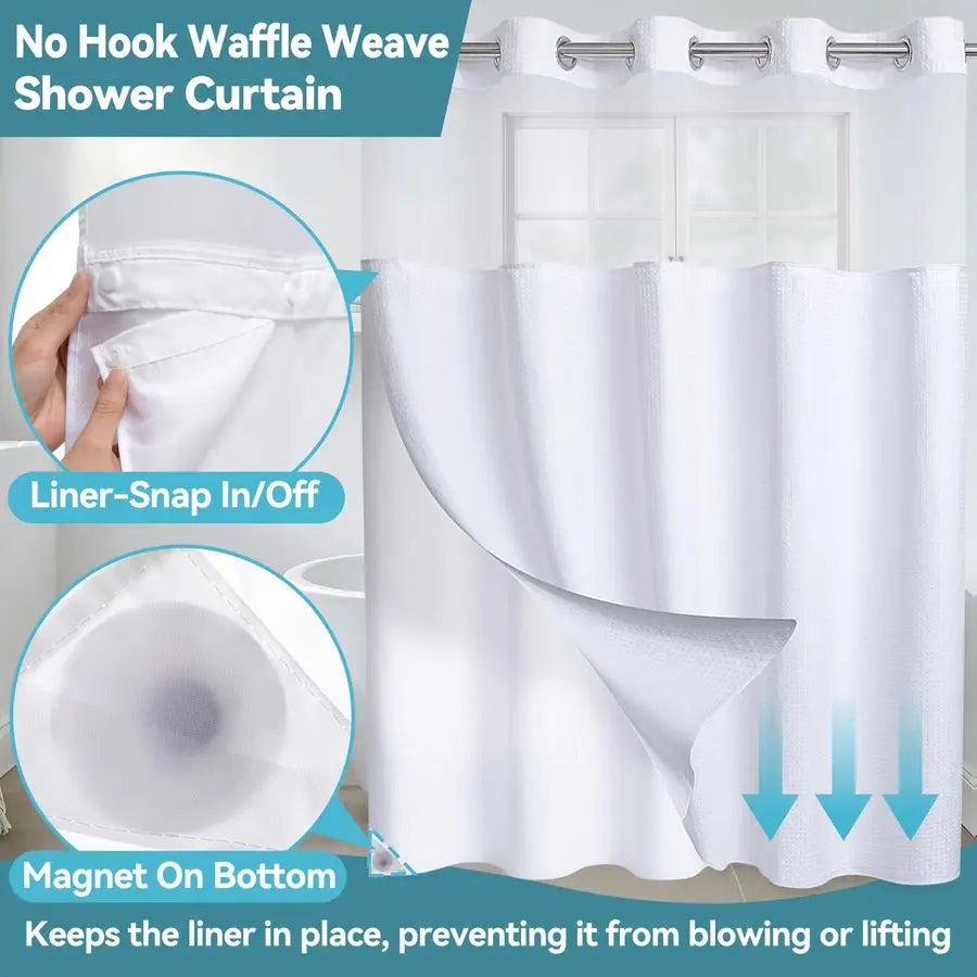 Wide Waffle Weave Shower Curtain With Snap In Liner Set With Easy Mount Flex On Rings For Fast Installation