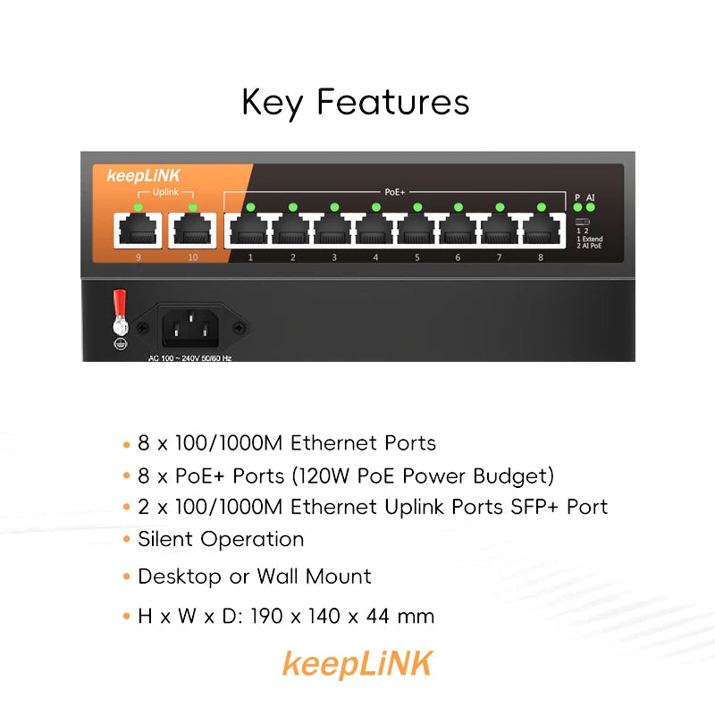KeepLiNK 10 Port Gigabit PoE Ethernet Switch With 8 PoE Ports And 2 Uplink RJ45 120W Budget AI PoE Extended PoE