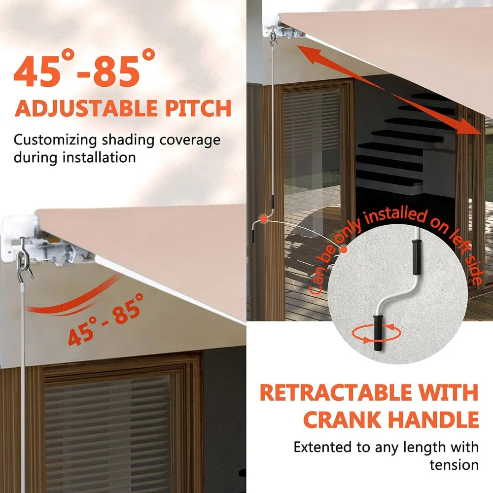 Retractable Aluminum Patio Awning With Crank Handle 12x10 Ft Canopy Adjustable 45 To 85 Degree Shade