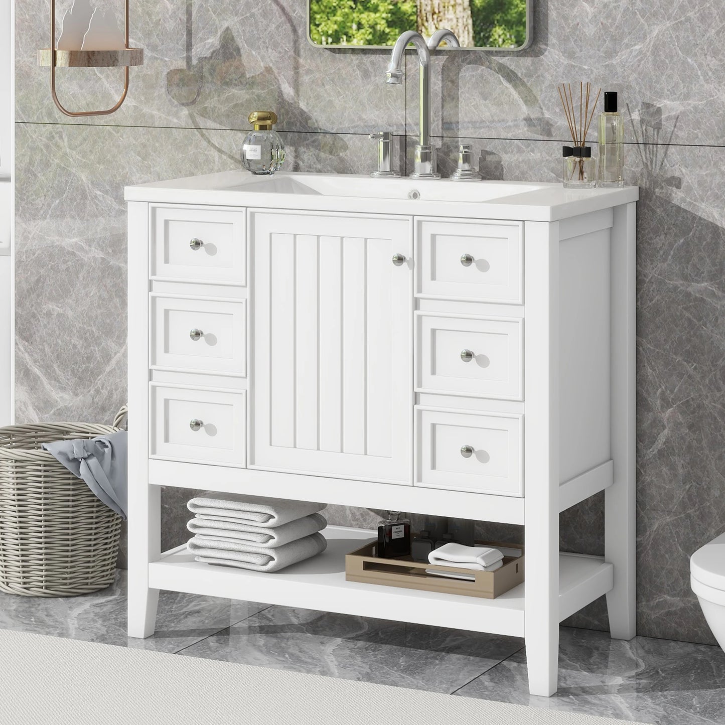 36" Bathroom Vanity with Sink, Free Standing Single Basin Vanity Set with a Soft Closing Door and 3 Drawers, Bathroom Table