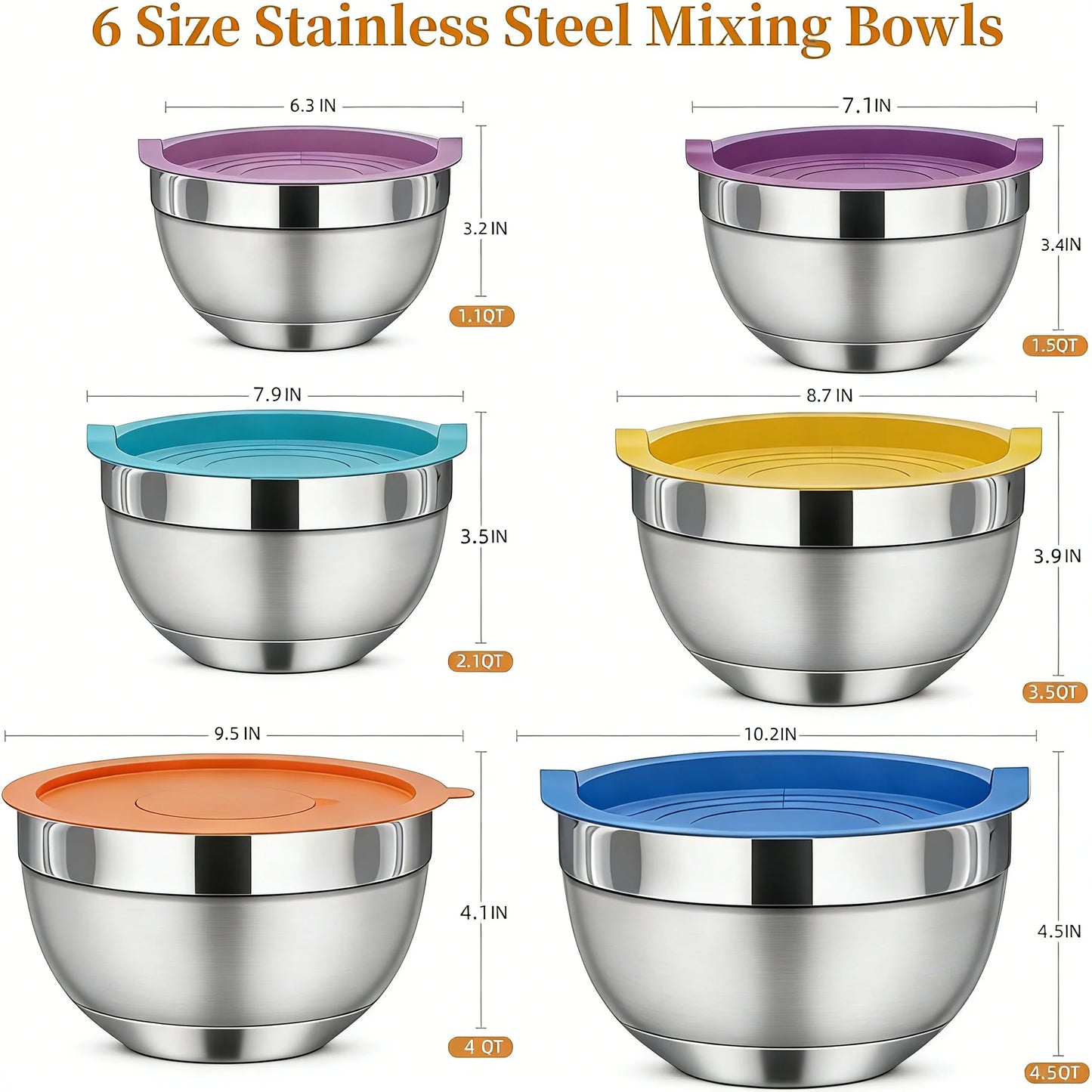Stainless Steel Mixing Bowls With Lids Set Of 17 Pieces Six Thickened Bowls 1.1 To 4.5 Quarts For Baking And Storage