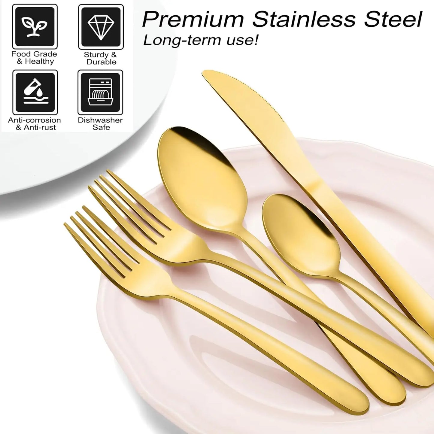 72-Pcs Gold Silverware Sets, Flatware Set with Steak Knives, Stainless Steel Cutlery Set, Include Forks Spoons and Knives Set.