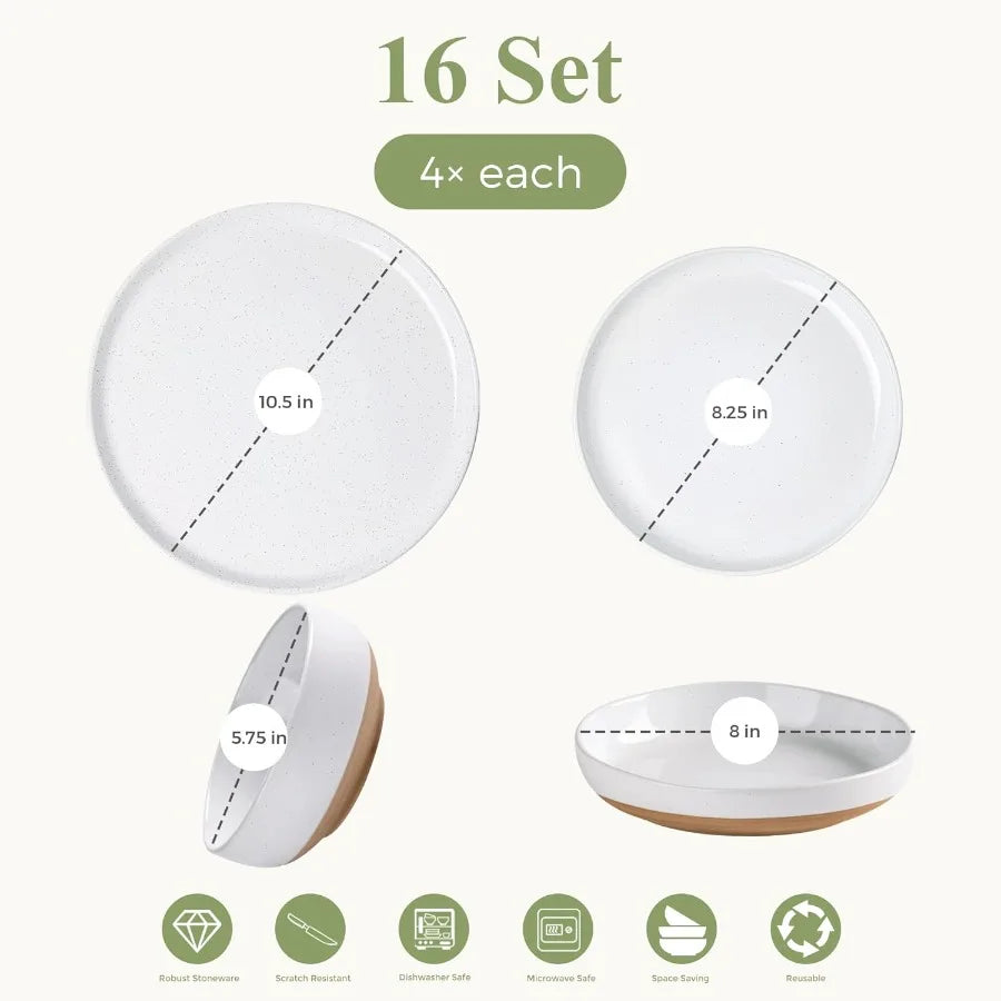 16 Pieces Ceramic Dinnerware Sets for 4 Handpainted Plates and Bowls Set with Rustic Terracotta Underside Scratch Resistant Sto
