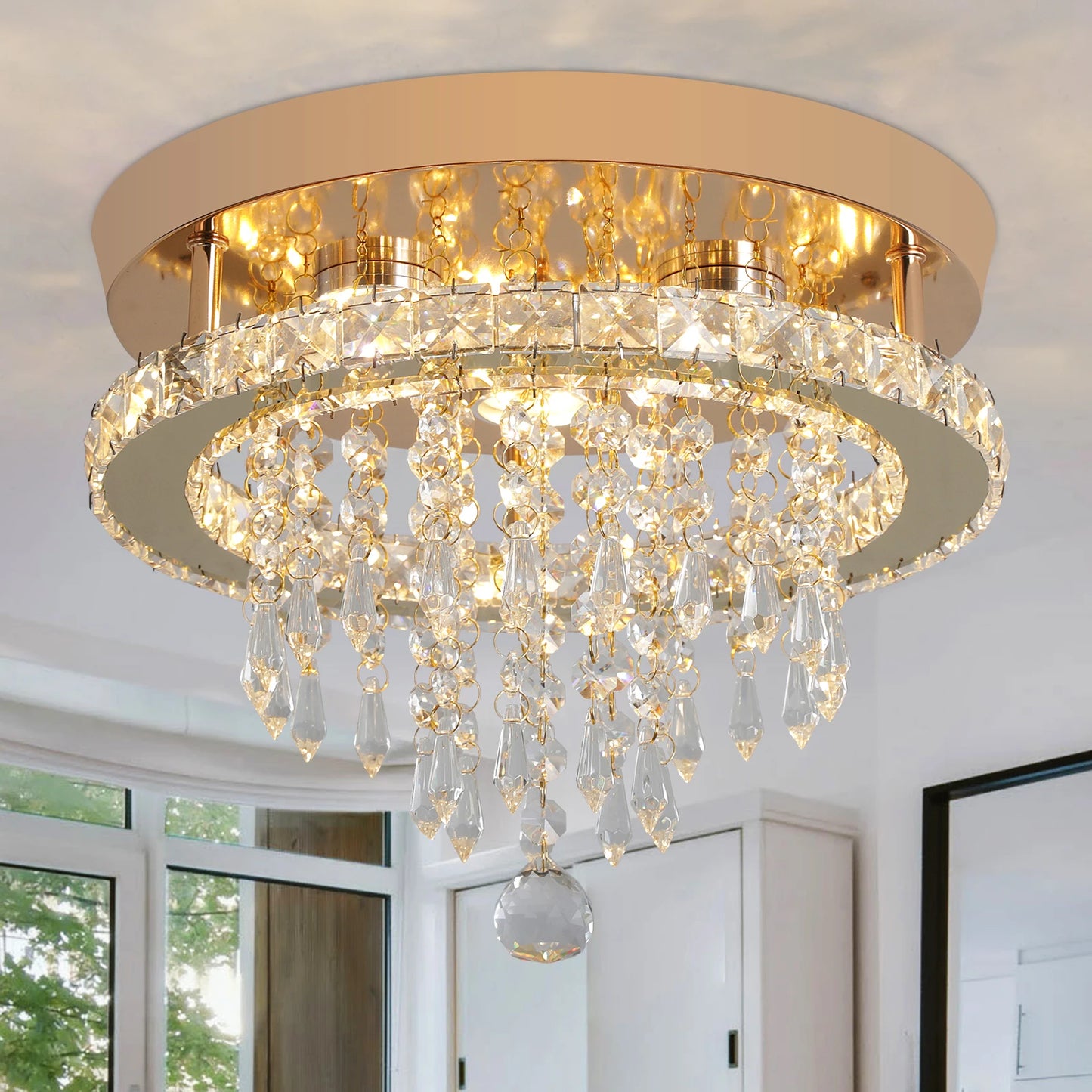 VETRULUS Luxury Crystal Chandelier Modern LED Ceiling Light With Gold Finish And Stainless Steel Frame