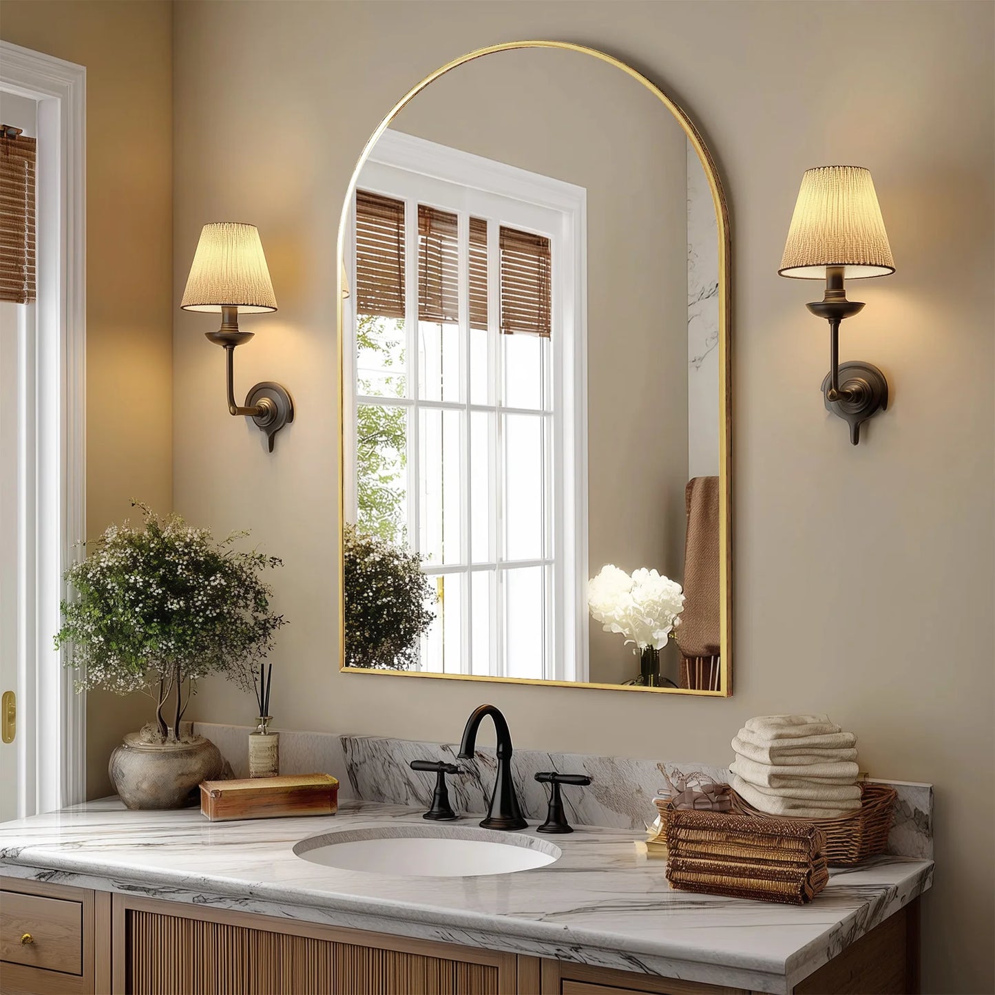 JHK Arched Metal Framed Bathroom Mirror With Architectural Shatterproof Glass For Crystal Clear Reflections