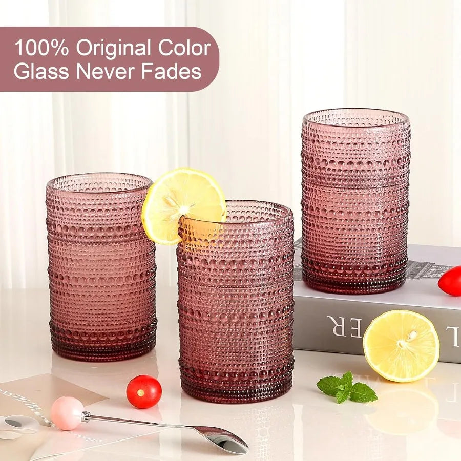 Vintage Hobnail Glassware Six-Piece Set With Handcrafted Embossed Purple Motif-Design