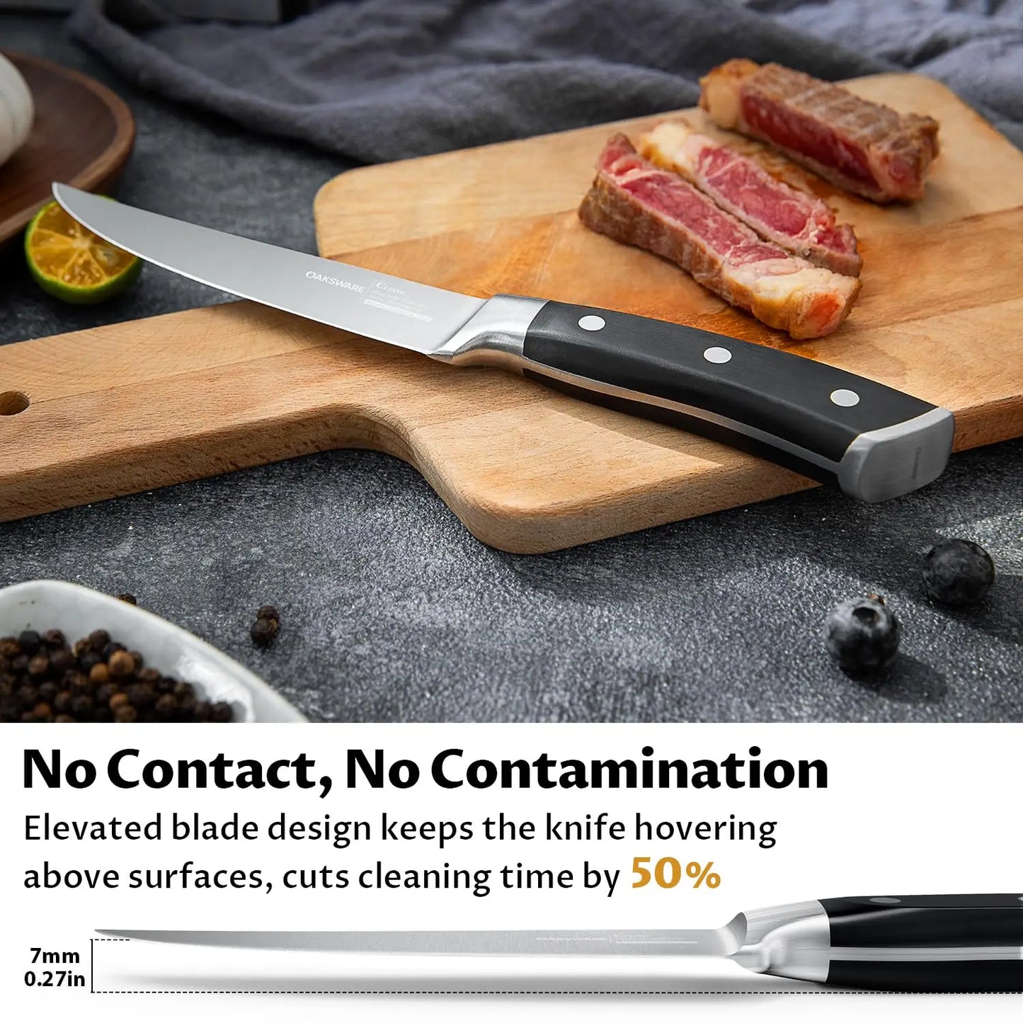 Steak Knife Set Of 8 With Beech Block Durable German Non Serrated Stainless Steel Knives For Kitchen