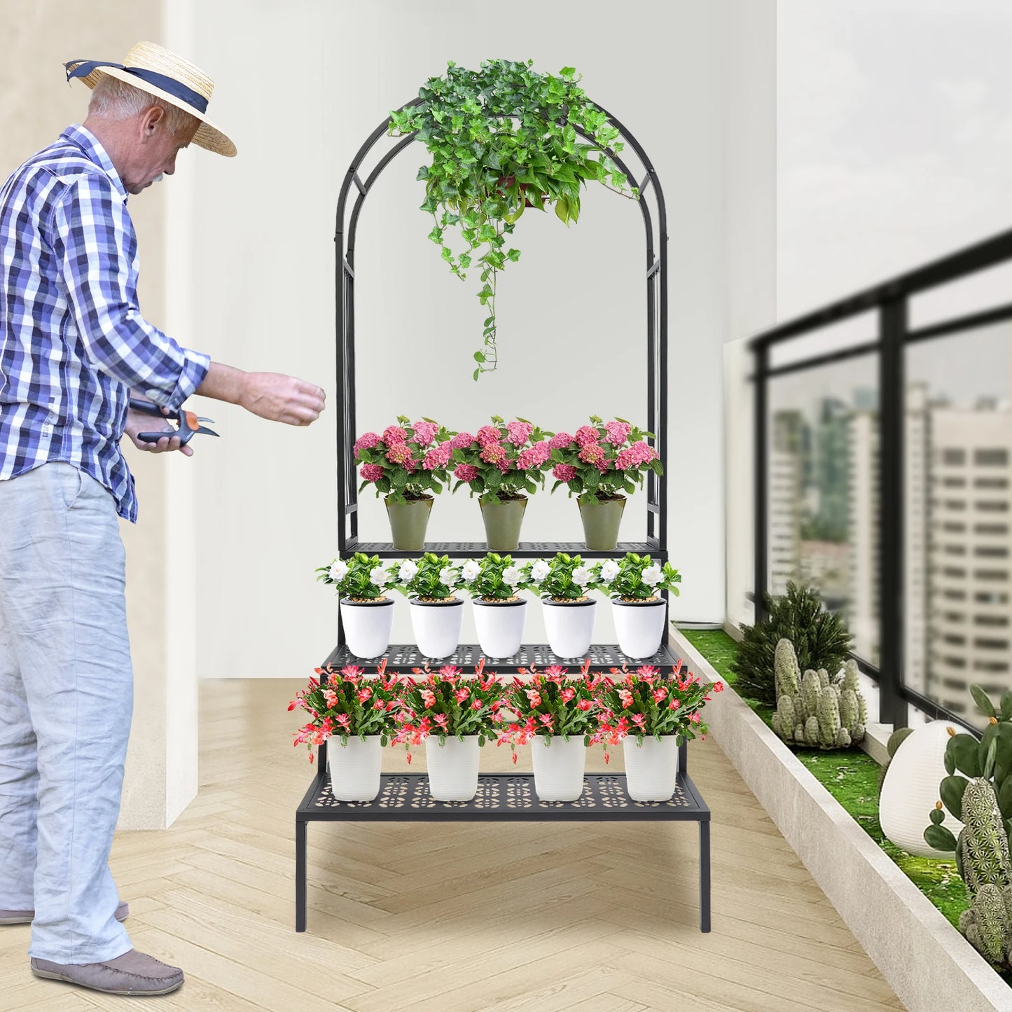 3 Tier Plant Stand with Garden Arch Flower Pot Holder Display Shelf Rack Garden Arbor Display for Climbing Plants Indoor/Outdoor