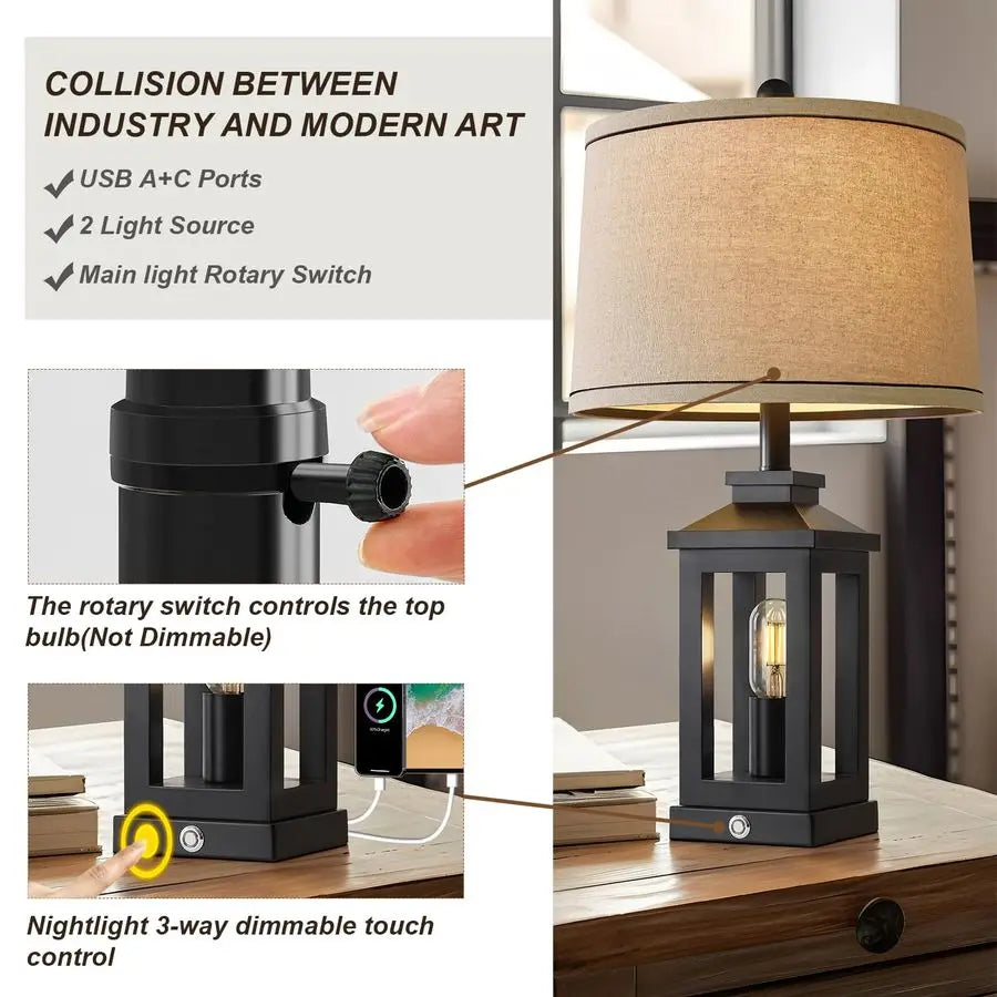 Retro Farmhouse Table Lamp With Three-Way Dimmable Touch Control AmbientIllumination