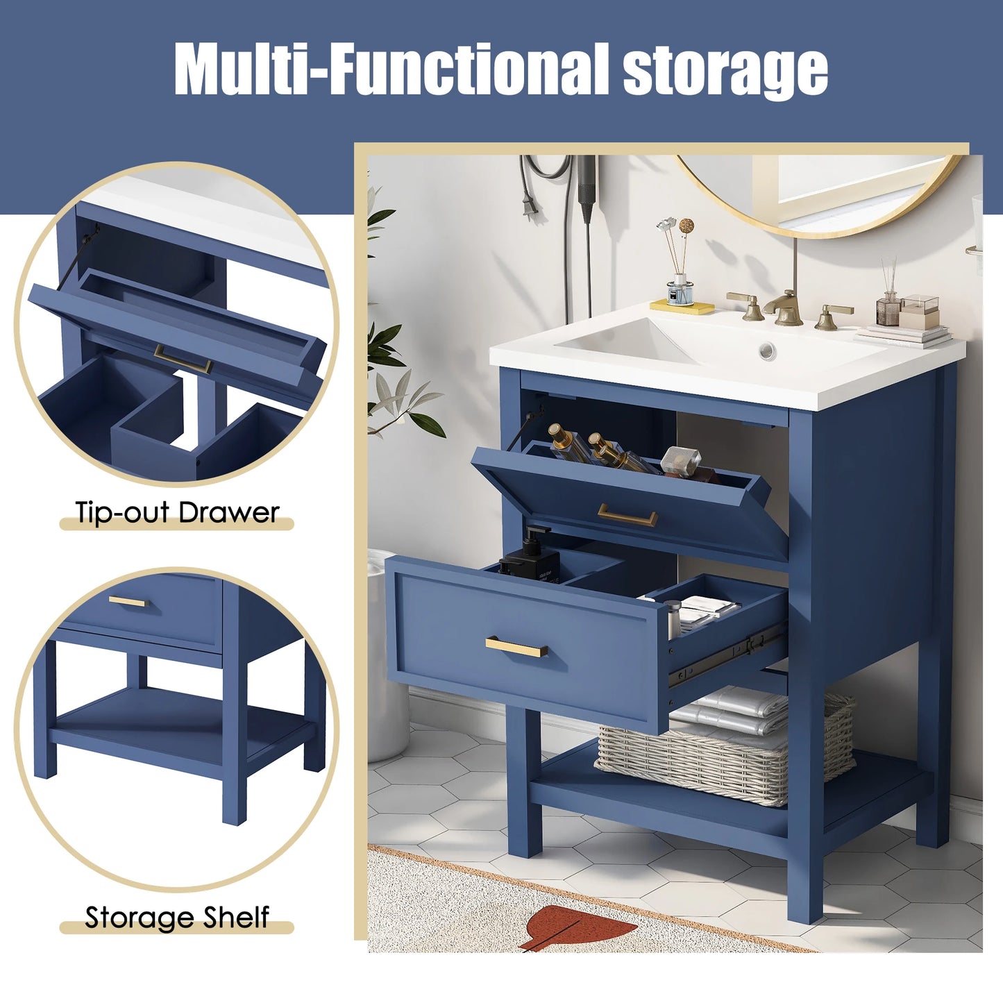 SH.KL 24'' Bathroom Vanity with Top Sink, Free Standing Single Basin Vanity Set with 2 Drawers, Wooden Bathroom Cabinet, Blue