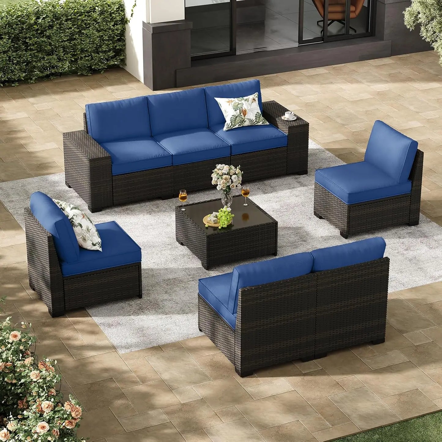 8-Piece Patio Furniture Set, All-Weather Outdoor Wicker Sectional Sofa with Cushions, Glass Table & Left and Right, Customized