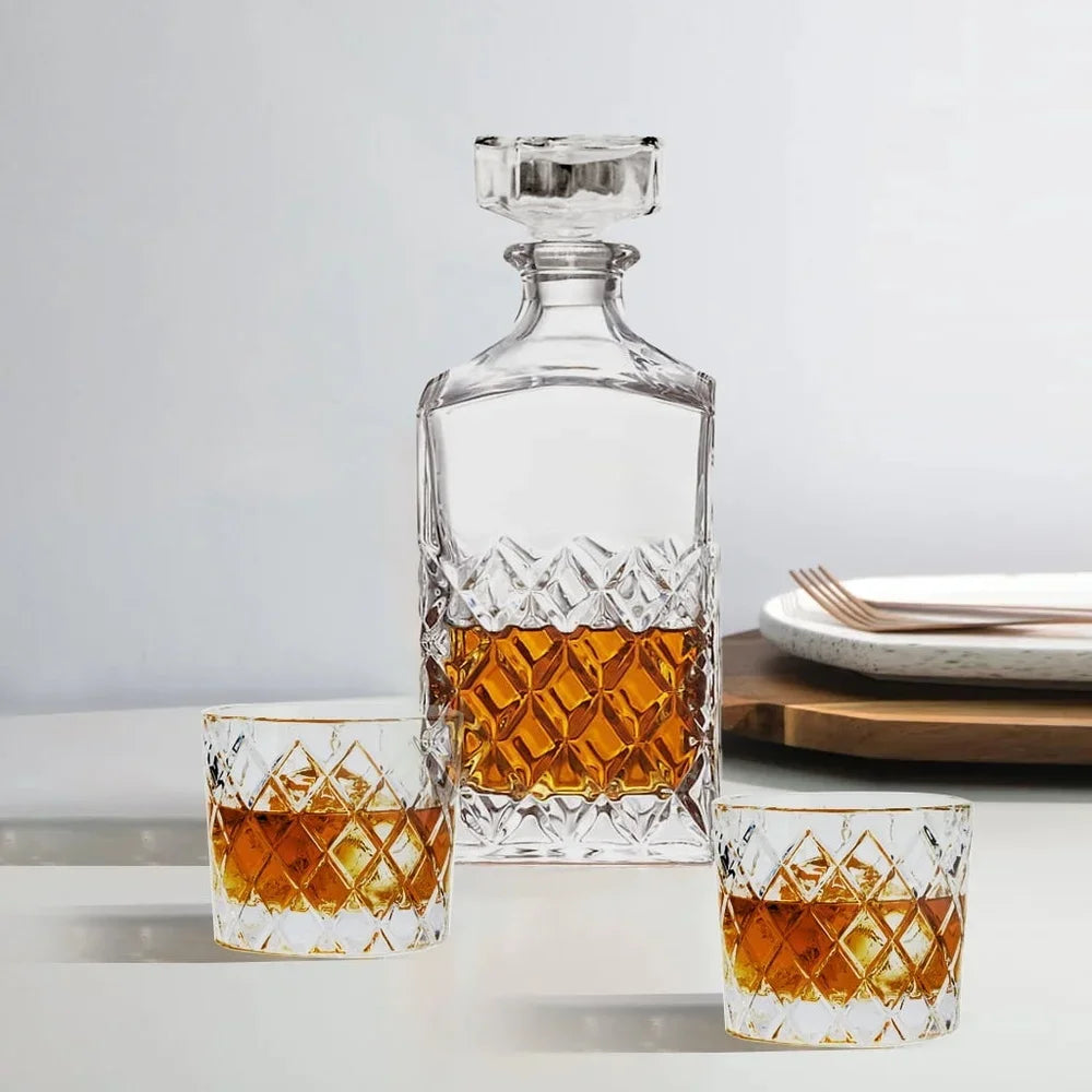 Diamond Cut Clear Glass Decanter Set With Old Fashioned Glasses 3 Pack Durable Dishwasher Safe