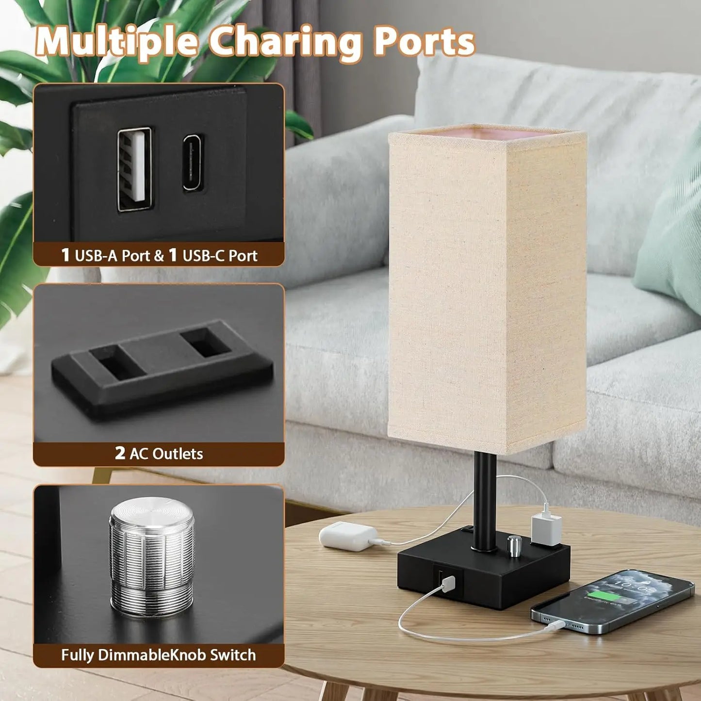 Fully Dimmable Nightstand Lamps Set of Two With USB Type C and USB Type A Ports and Dual AC Outlets