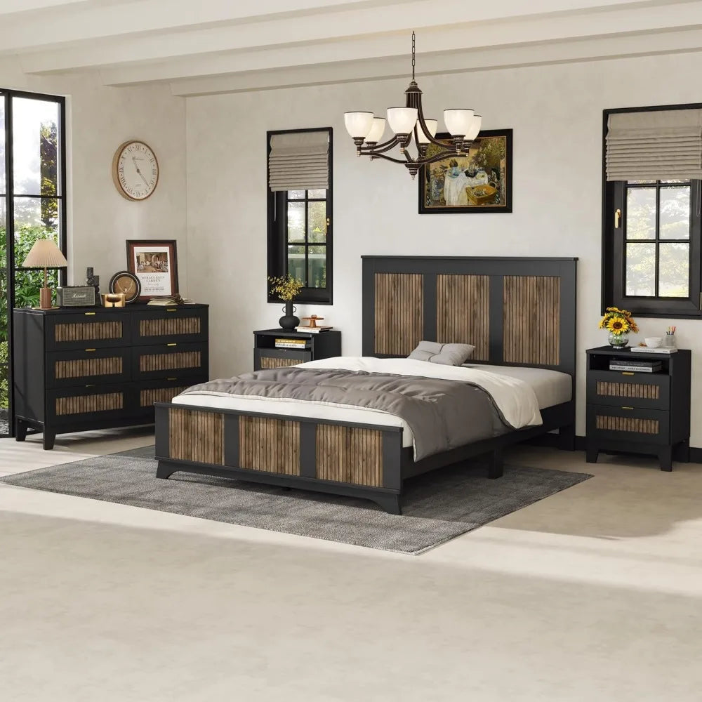MKDK Premium EngineeredWoodPlatformConstruction BedSetWithNightstands AndDresser
