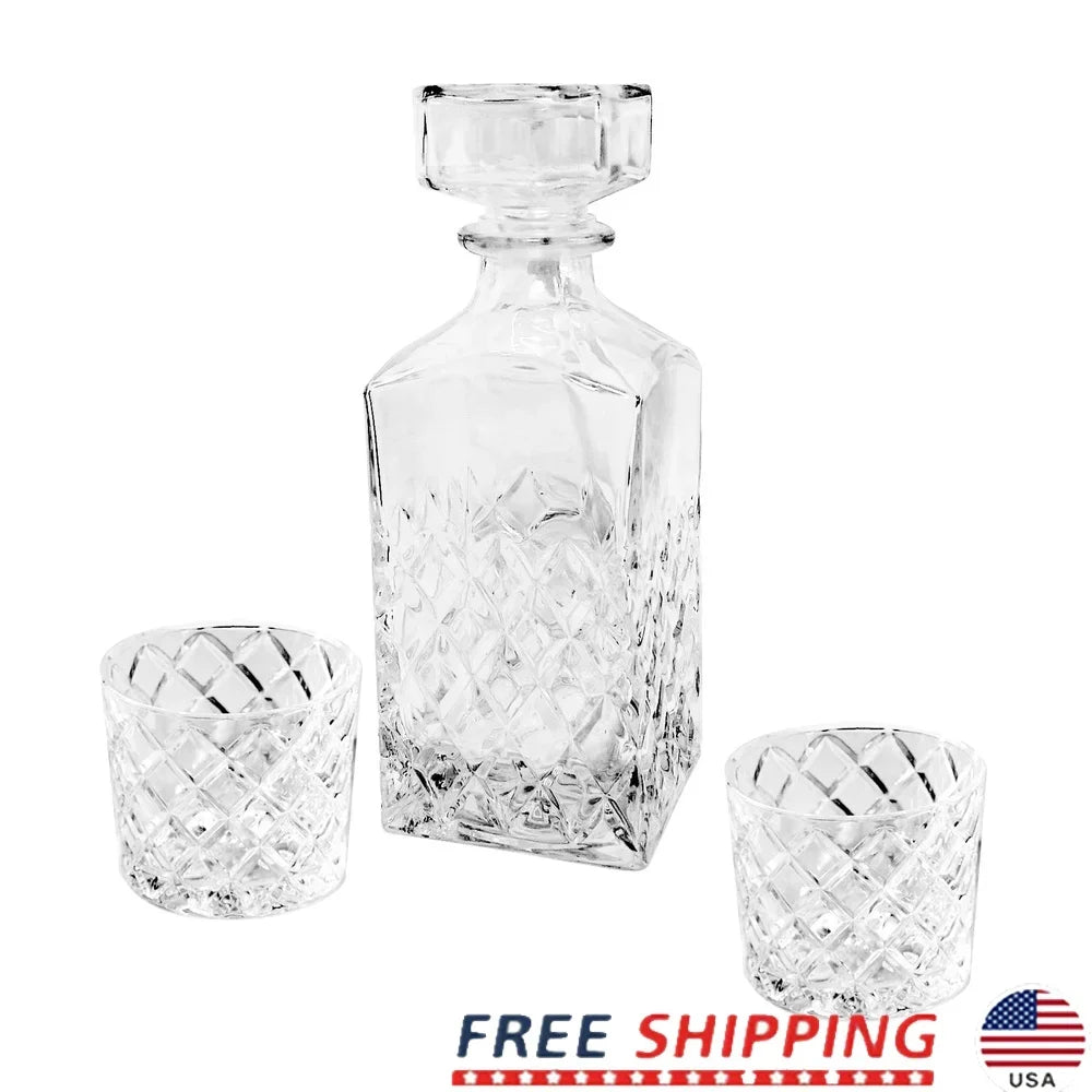 Diamond Cut Clear Glass Decanter Set With Old Fashioned Glasses 3 Pack Durable Dishwasher Safe