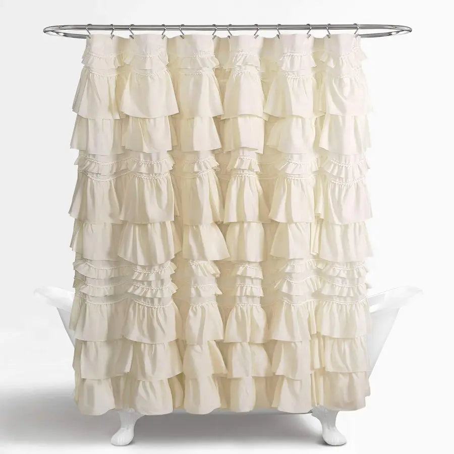 Ruffled Shower Curtain Polyester Nonwoven Fabric For Bathroom With Pom Pom Trim 72 By 72 Inches