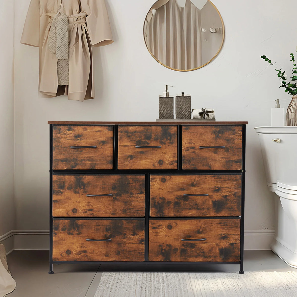 Six Compartment Fabric Storage Cabinet Organizer With Wooden Top Metal Frame