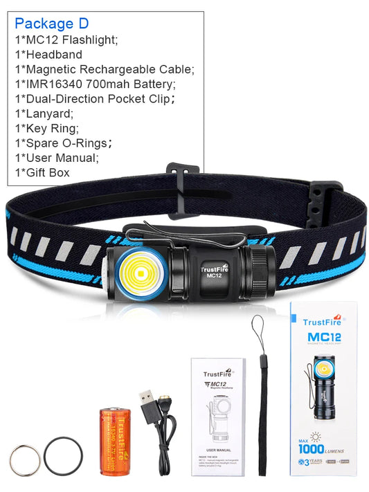 Trustfire Mc12 1000 Lumens Xp-l Headlamp Magnetic Rechargeable Edc Torch