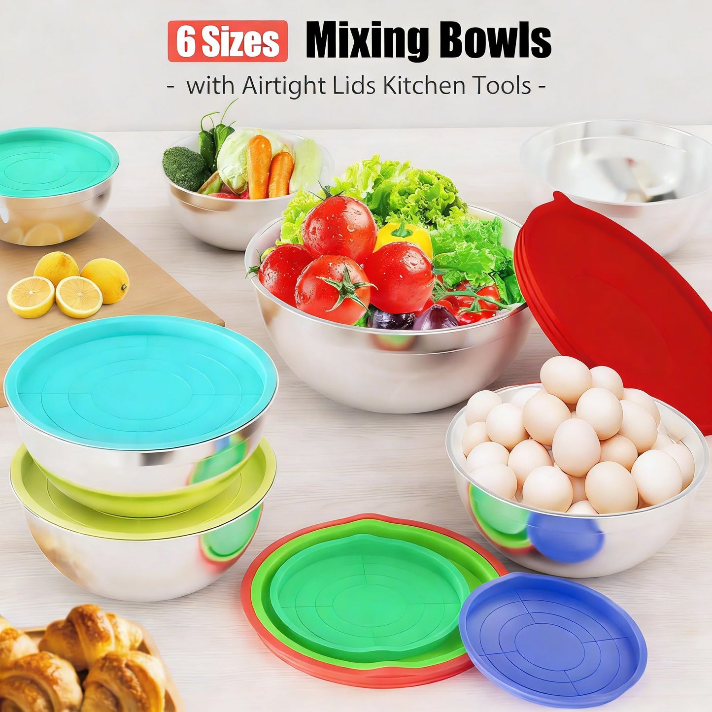 Stainless Steel Mixing Bowls With Lids Set Of 17 Pieces Six Thickened Bowls 1.1 To 4.5 Quarts For Baking And Storage