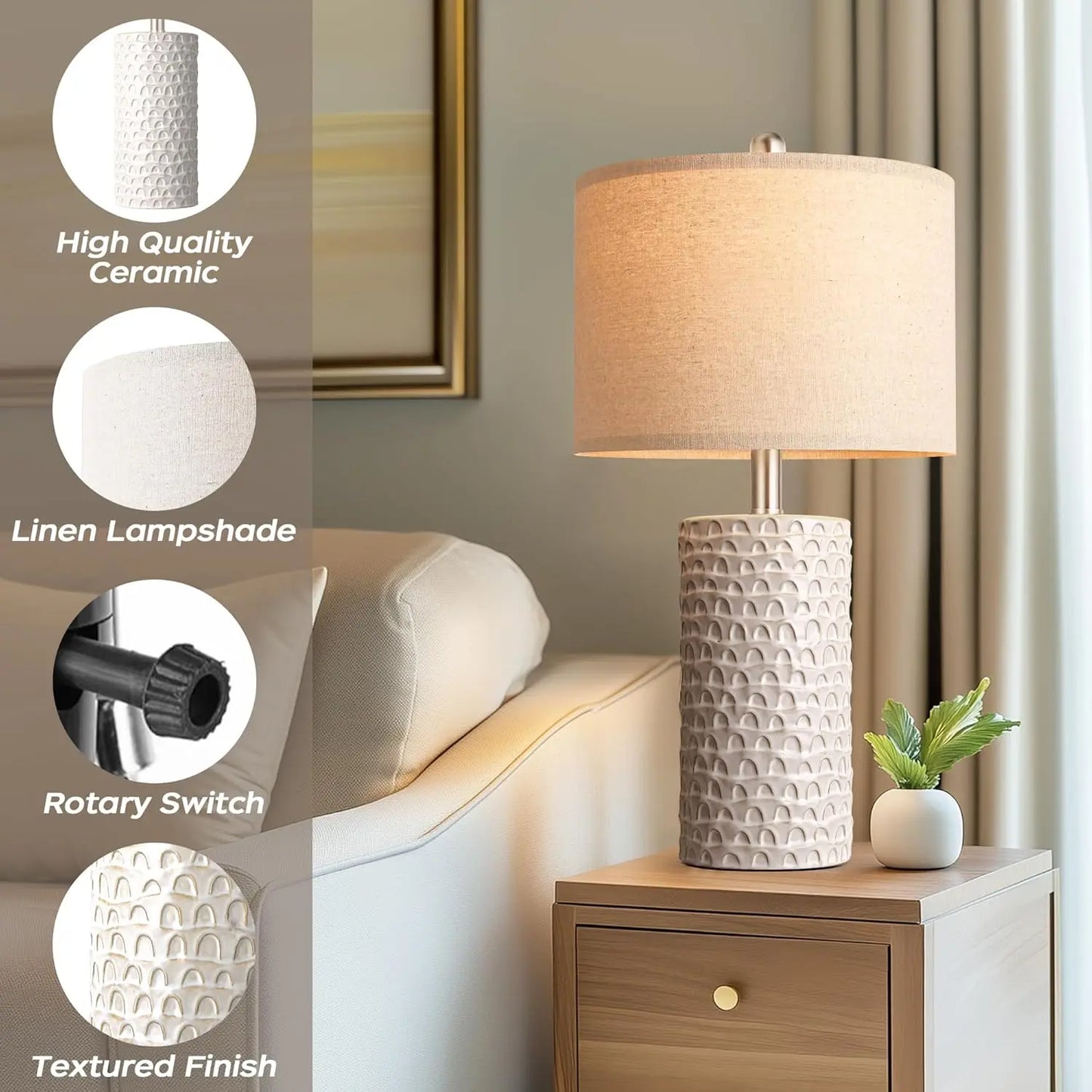 Modern Ceramic Table Lamp Set of 2, Rustic Farmhouse Lamps