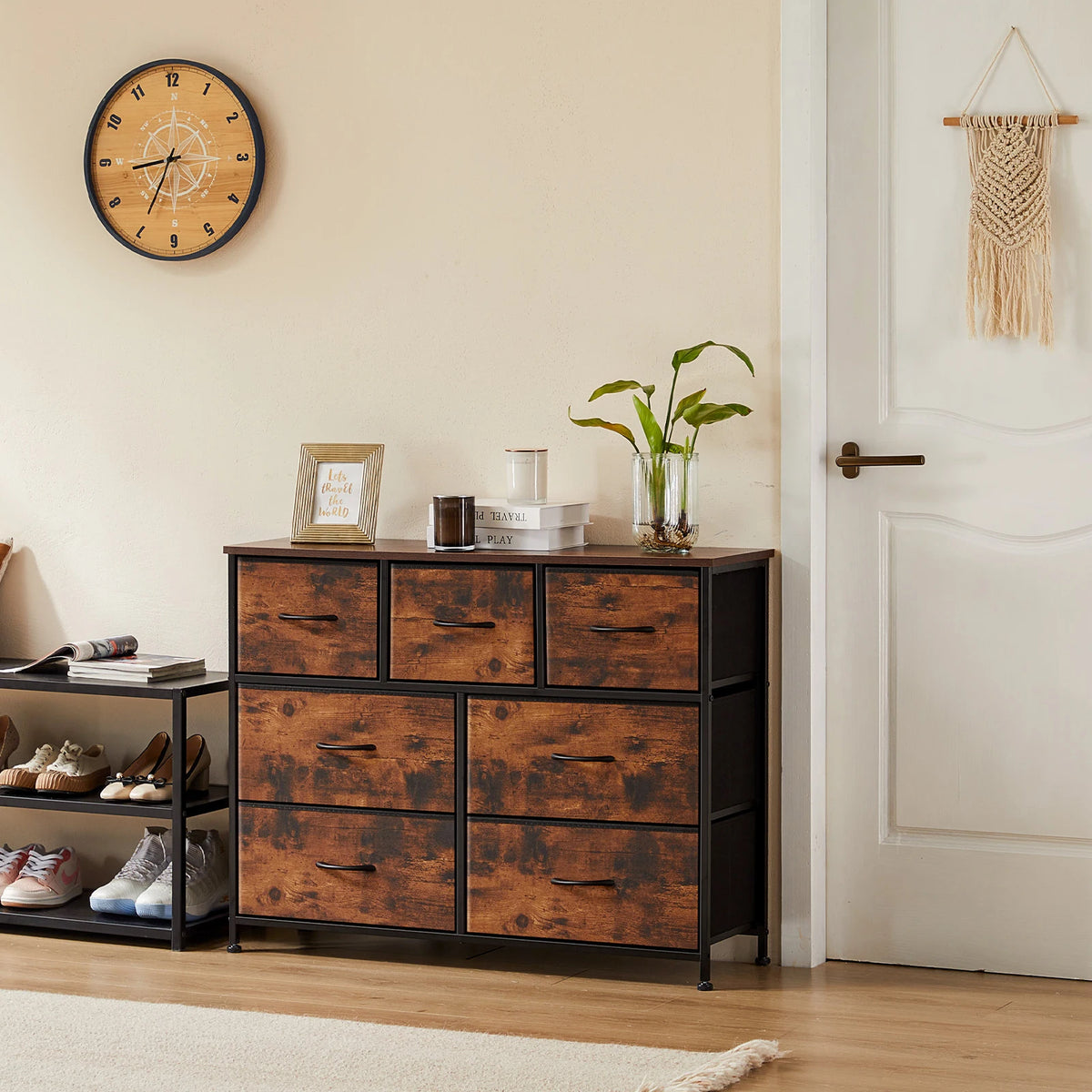 Six Compartment Fabric Storage Cabinet Organizer With Wooden Top Metal Frame
