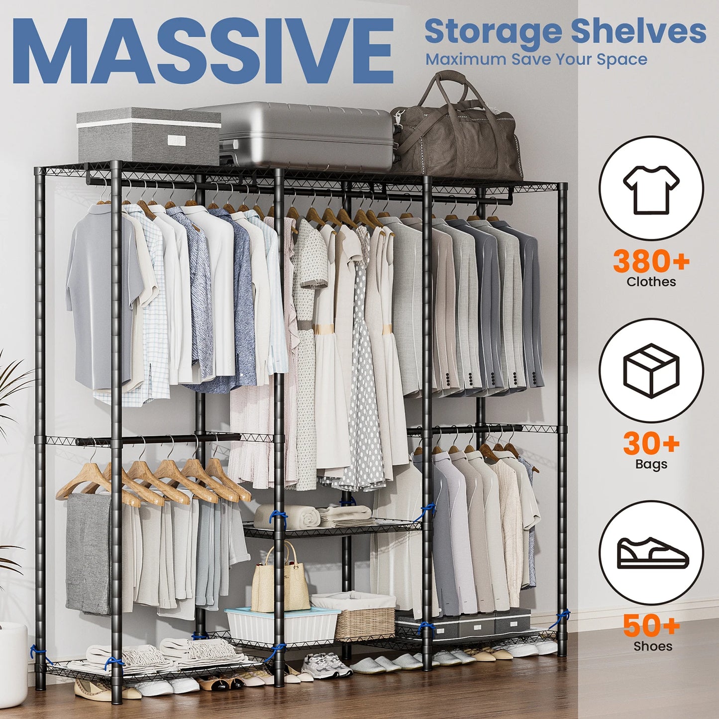 Freestanding Heavy Duty Industrial Grade Wardrobe Clothes Rack Storage Organizer