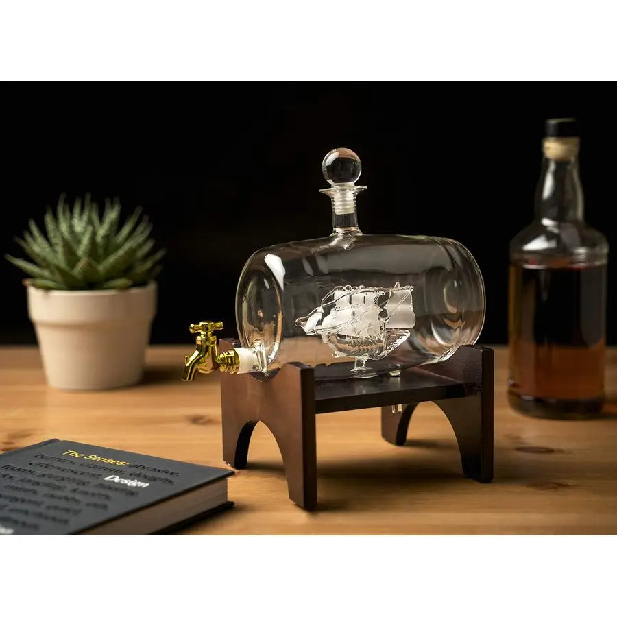 Decanter with Wooden Stand Spirits 40 Ounce Handmade Liquor Dispenser for Whiskey, Wine, Tequila, Bourbon, Scotch, Rum Elegant L