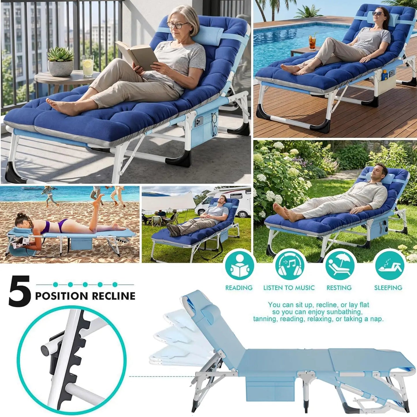 4-In-1 Outdoor Lounge Chair With Face Holes For Tanning Heavy-Duty Recliner Weather-Resistant For Poolside And RV