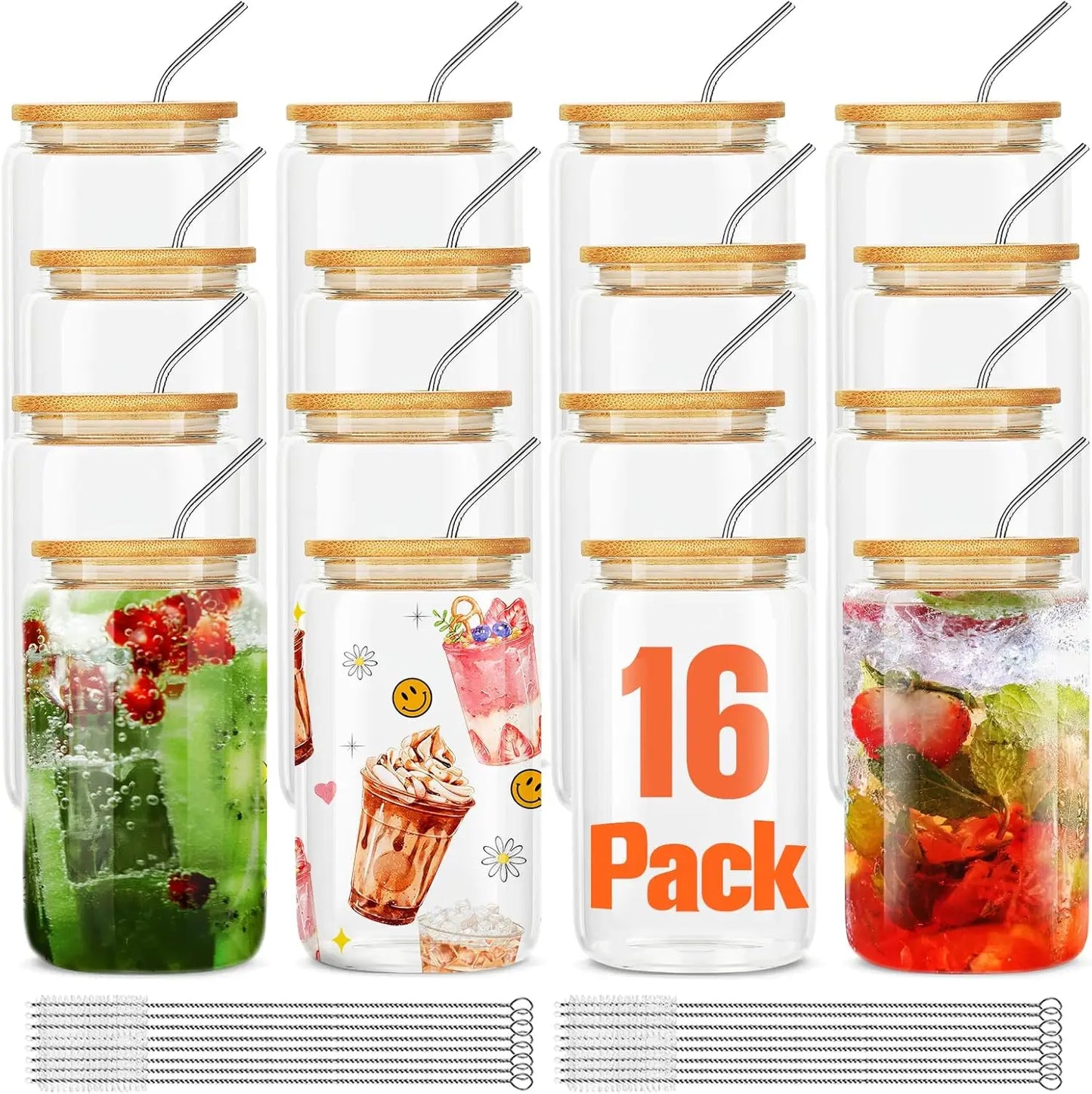 16 Piece Glass Cup Set With Bamboo Lids And Reusable Straws For Hot Or Cold Beverages BPA Free Tumblers