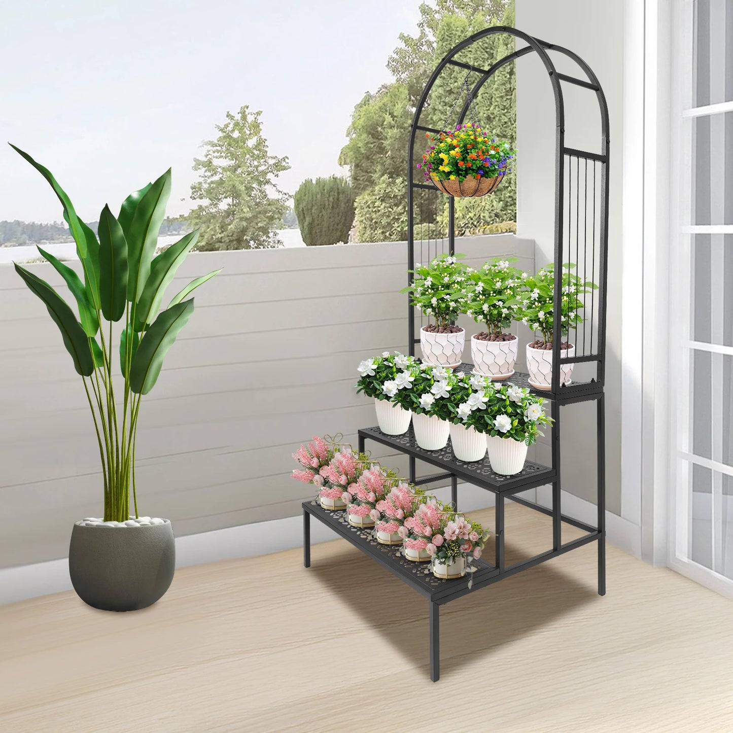 3 Tier Plant Stand with Garden Arch Flower Pot Holder Display Shelf Rack Garden Arbor Display for Climbing Plants Indoor/Outdoor