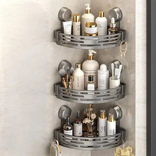 Easy Install Shower Corner Rack, 3-Tier Storage with Suction Cups & Hooks - Keeps Bathroom Dry and Organized
