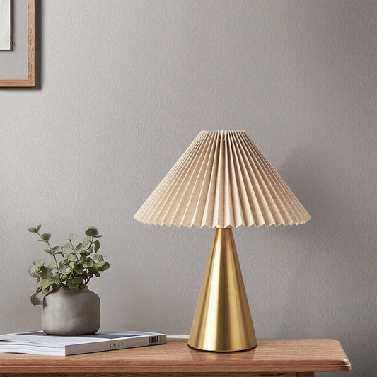 Beige Pleated Table Lamp With Scalloped Linen Shade For Desk