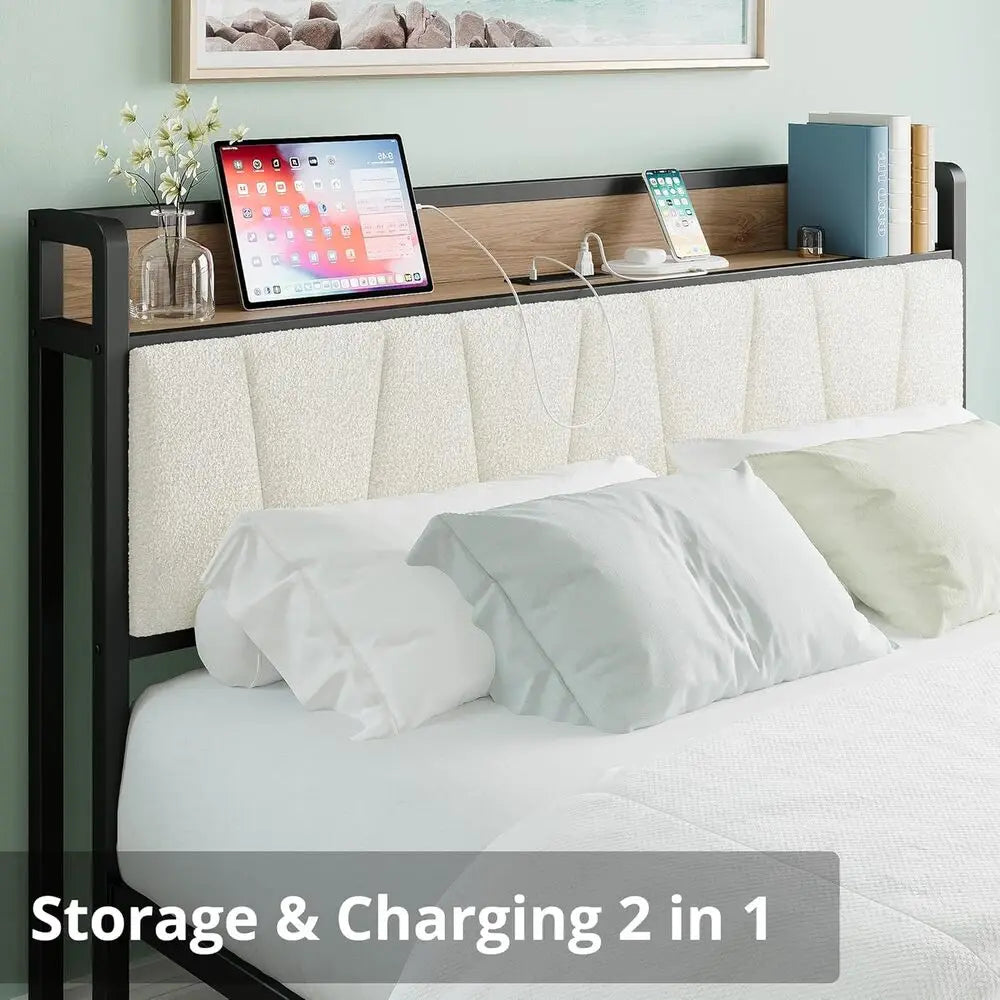 Likimio Bed Frame With Storage Headboard And Charging Station With USB Ports And Outlets With Heavy Duty Metal Slats