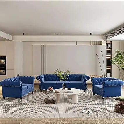 DAFIFY Velvet Chesterfield Living Room Set With Nailhead Three Piece Sofa Loveseat Chair
