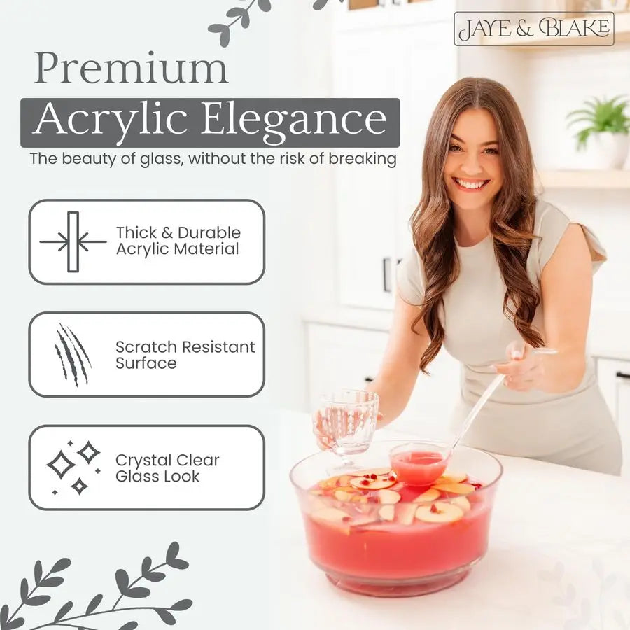 XMSJ Acrylic Punch Bowl With Ladle Glass Like Clarity Shatter Resistant Durable Clear Serving Vessel