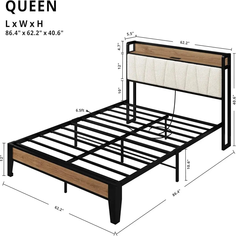 Likimio Bed Frame With Storage Headboard And Charging Station With USB Ports And Outlets With Heavy Duty Metal Slats