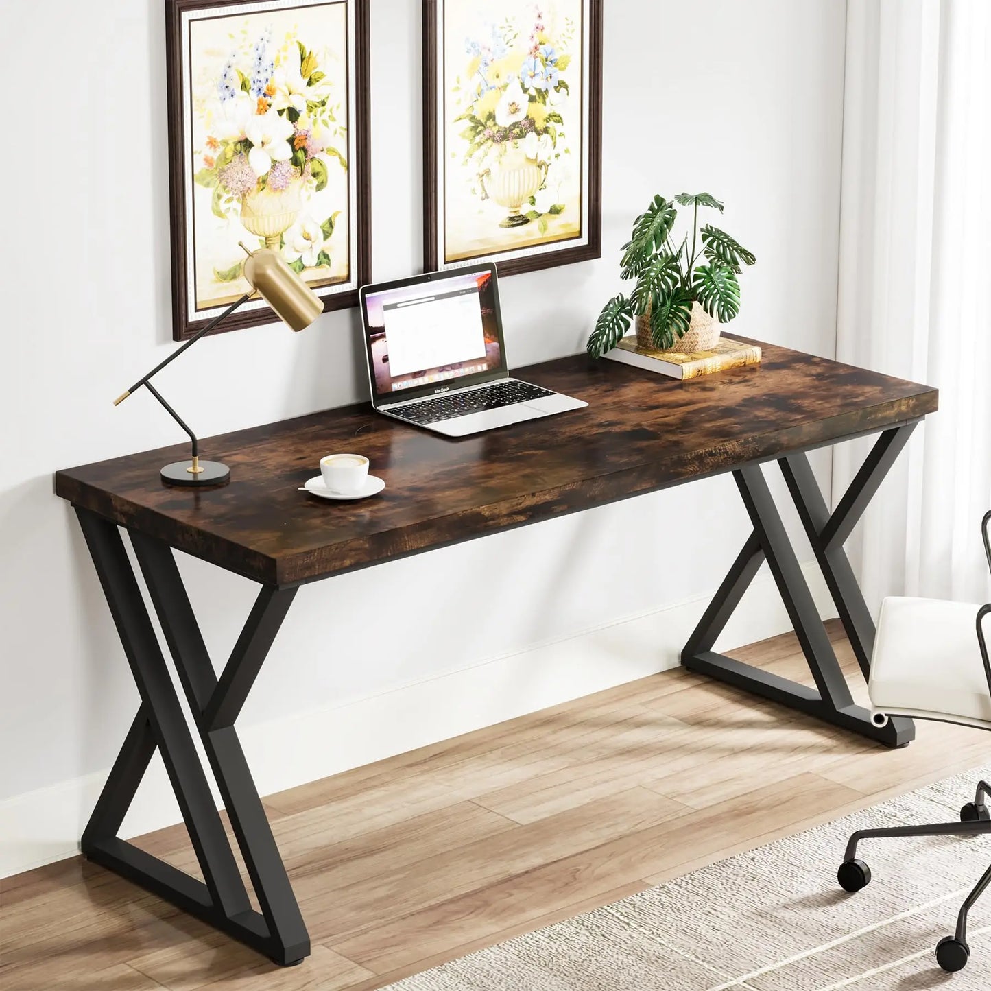 Tribesigns Writing Computer Desk With Z Shaped Metal Legs Industrial Chic Wood Grain Top 55 Inch Wide