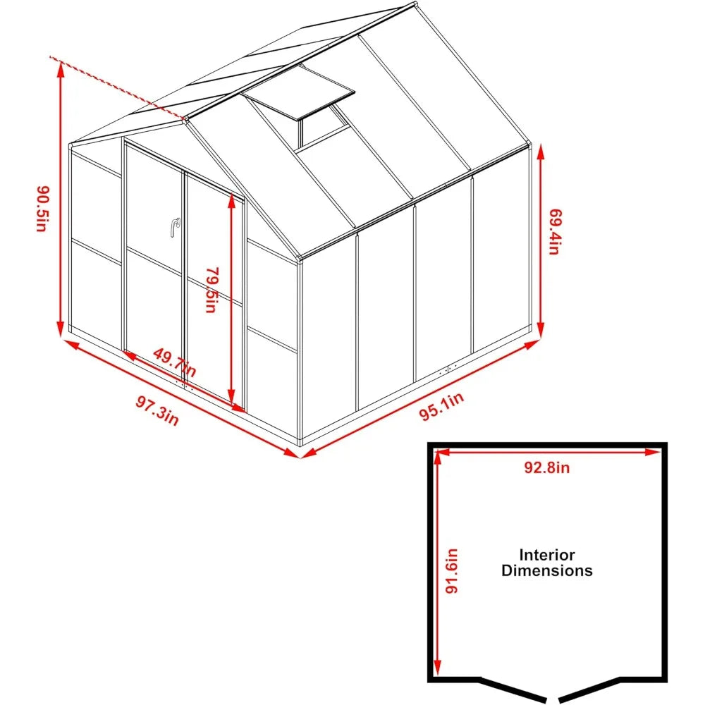 Outdoor AluminumAlloy Greenhouse Kit With Adjustable Roof Vent PolycarbonatePanels