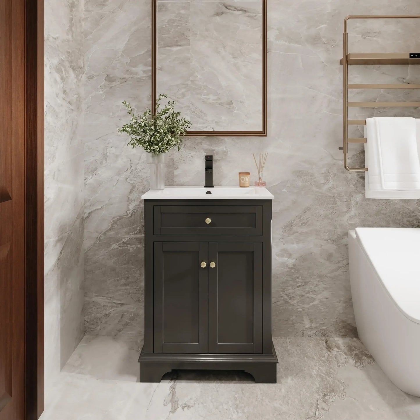 24" 30" 36" Painted Surface Raised Arch Feet Soft Closing Doors Vintage Bathroom Vanity Storage Cabinet with Sink