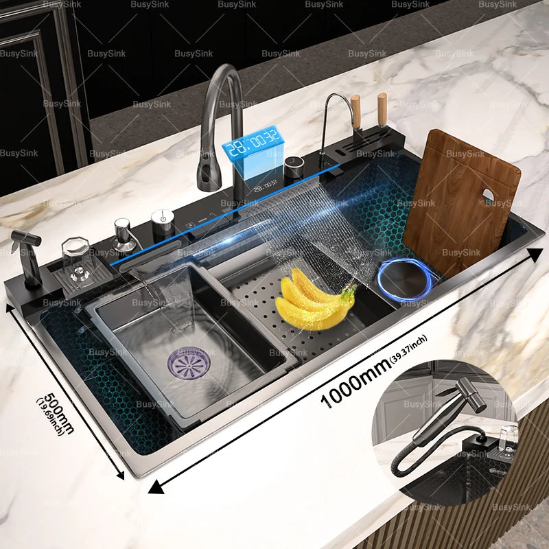 Stainless Steel Waterfall Kitchen Sink Digital Display Large Single Slot Dishwashing Sinks Overseas Warehouse Shipping