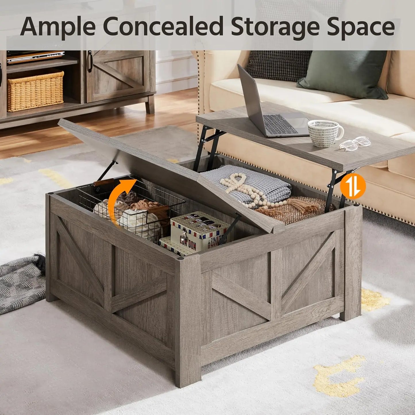 Lift Top Coffee Table with Hidden Storage, Square Farmhouse Design for Living Room and Home Office in Gray