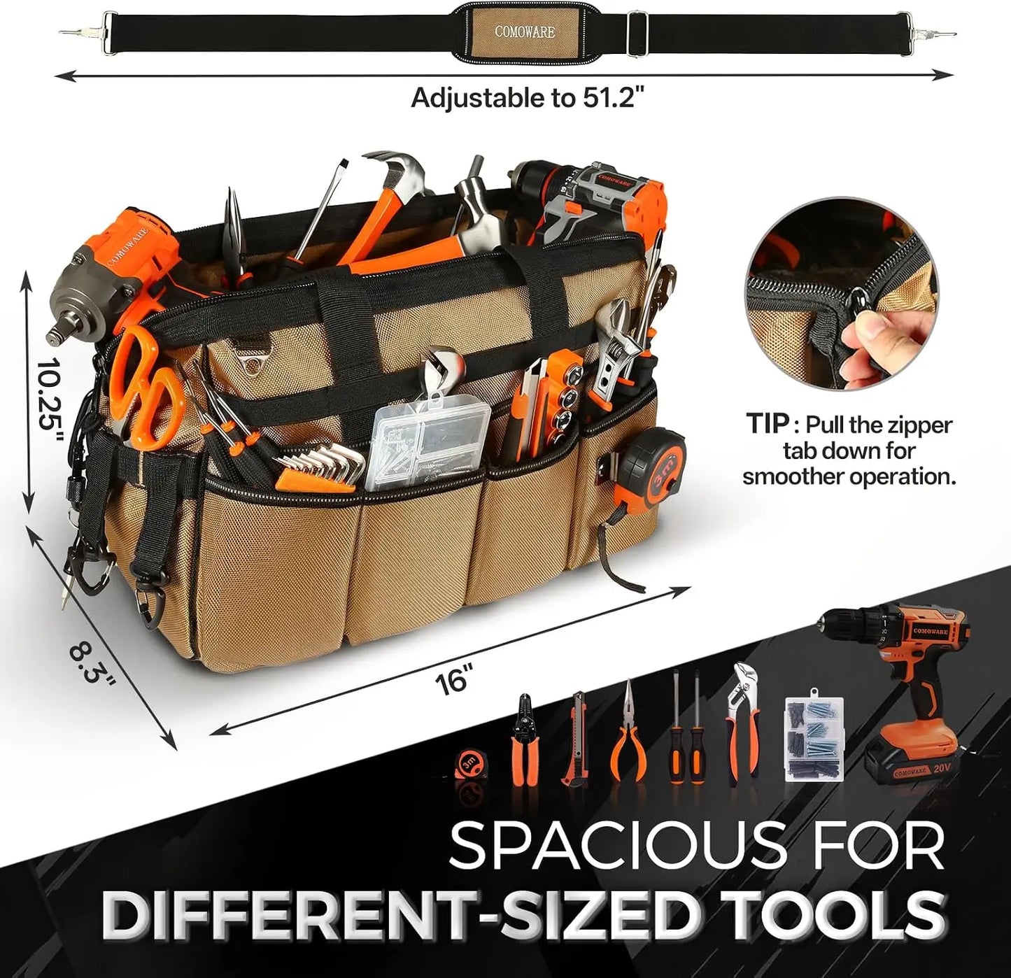 Heavy Duty 16 Inch Tool Bag Organizer With 19 Pockets And Adjustable Strap For Onsite Use
