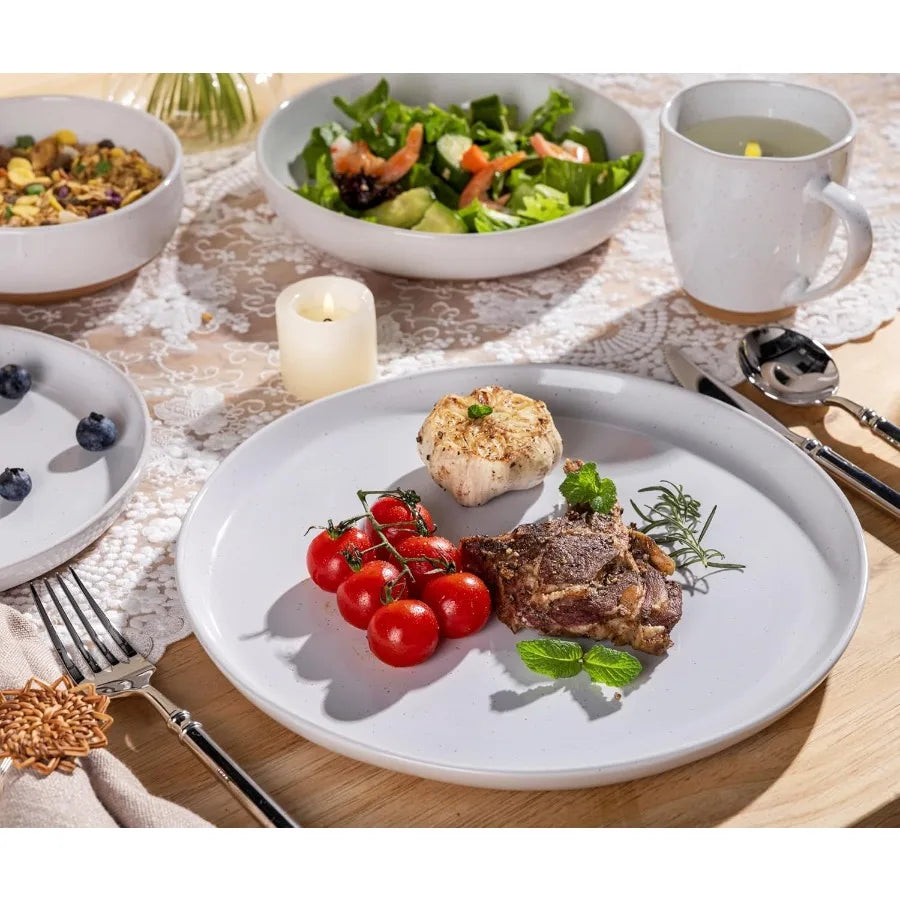 16 Pieces Ceramic Dinnerware Sets for 4 Handpainted Plates and Bowls Set with Rustic Terracotta Underside Scratch Resistant Sto