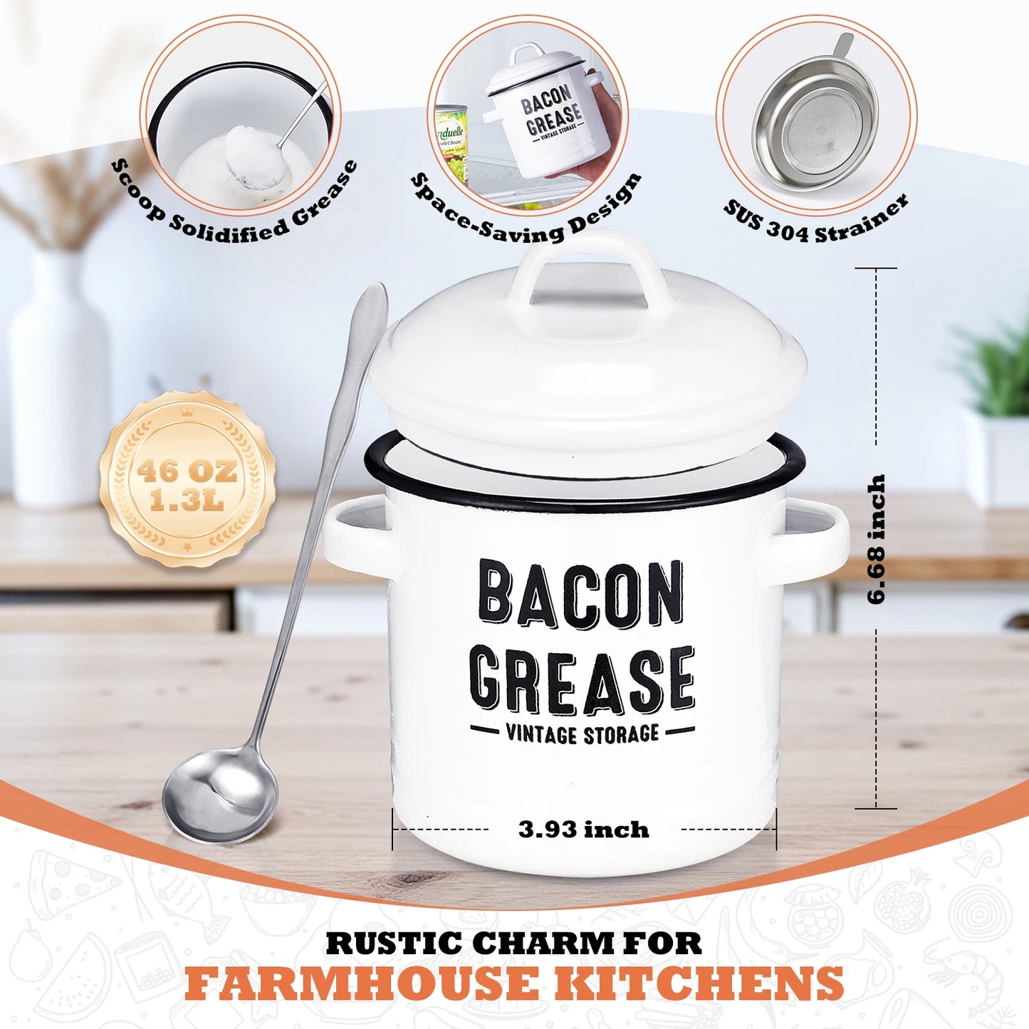 Bacon Grease Container With Built In Strainer And Lid For Mess Free Oil Storage And Reuse