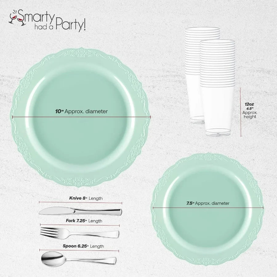 360 Piece Turquoise Plastic Dinnerware Set for 60 Guests, Includes Plastic Plates, Silverware Set, Clear Cups, Disposable Plates