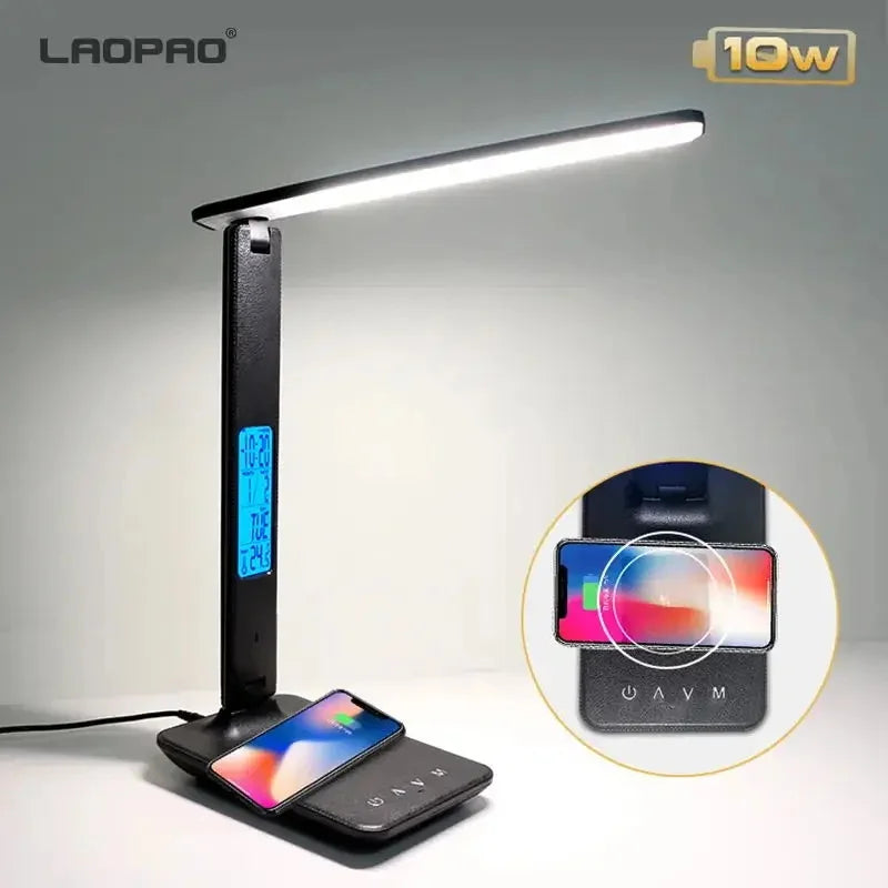 LAOPAO 10W Qi Wireless Charging LED Desk Lamp With Calendar Temperature Alarm Clock Eye Protection For Study And Office