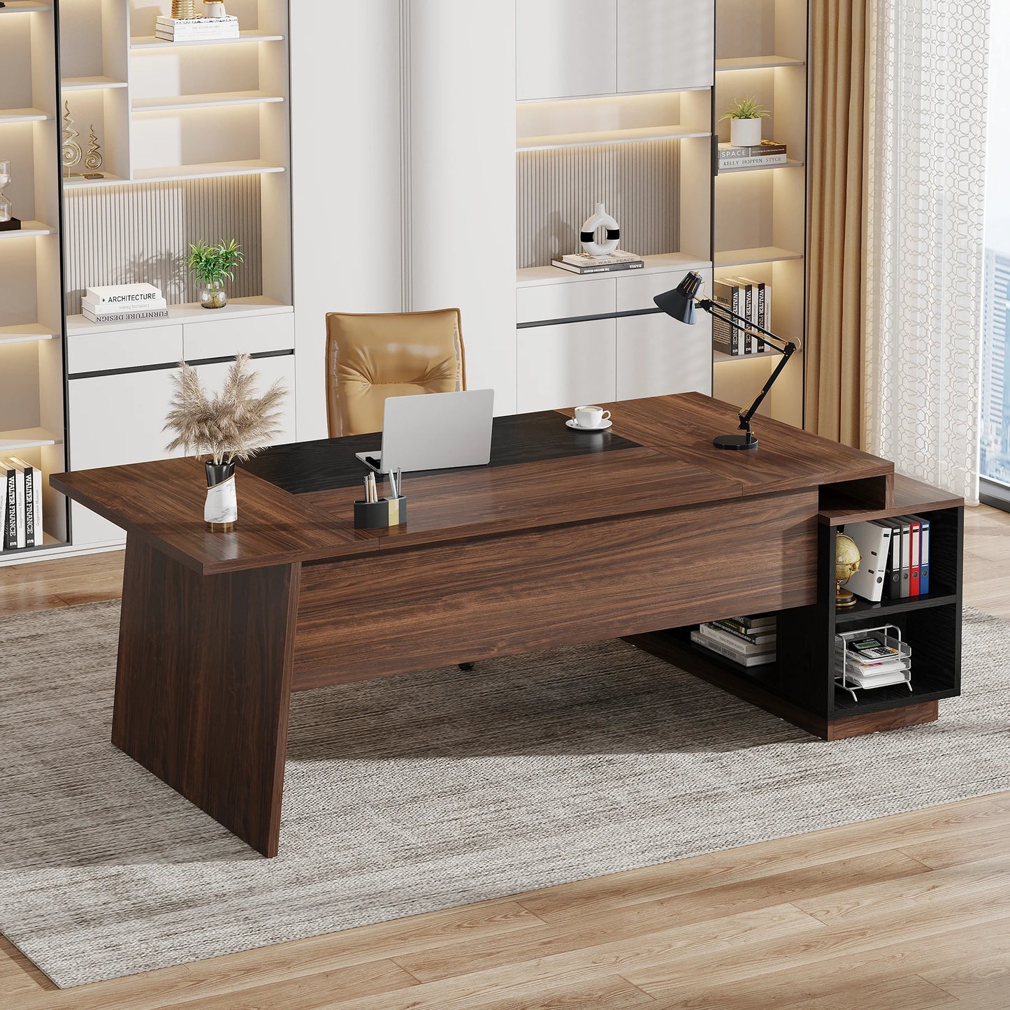 Tribesigns L-Shaped Executive Office Desk, 70.5-Inch Mid-Century Modern Executive Desk with Storage Cabinet and Shelves
